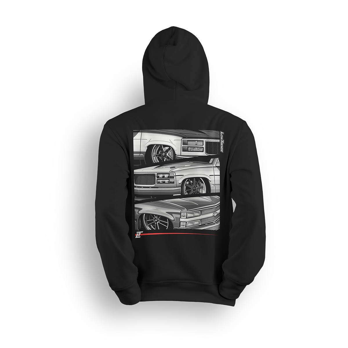 Hoodie featuring three slammed Chevy OBS front ends stacked vertically with crisp grayscale detailing, tucked wheels, and aggressive stance. Framed by a bold layout, vertical Low Trendz branding, and red accent bar, this hoodie celebrates the dominance of old body style trucks.