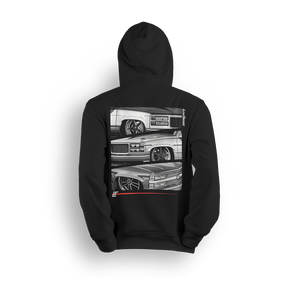 Hoodie featuring three slammed Chevy OBS front ends stacked vertically with crisp grayscale detailing, tucked wheels, and aggressive stance. Framed by a bold layout, vertical Low Trendz branding, and red accent bar, this hoodie celebrates the dominance of old body style trucks.