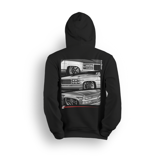 Hoodie featuring three slammed Chevy OBS front ends stacked vertically with crisp grayscale detailing, tucked wheels, and aggressive stance. Framed by a bold layout, vertical Low Trendz branding, and red accent bar, this hoodie celebrates the dominance of old body style trucks.