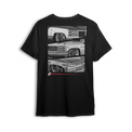 T-shirt featuring three slammed Chevy OBS front ends stacked vertically with crisp grayscale detailing, tucked wheels, and aggressive stance. Framed by a bold layout, vertical Low Trendz branding, and red accent bar, this t-shirt celebrates the dominance of old body style trucks.
