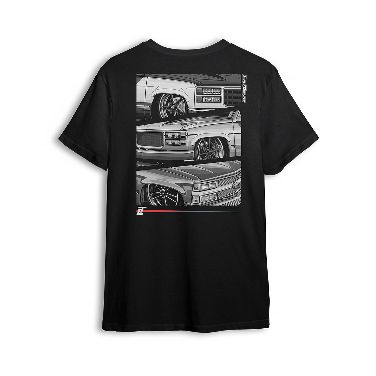 T-shirt featuring three slammed Chevy OBS front ends stacked vertically with crisp grayscale detailing, tucked wheels, and aggressive stance. Framed by a bold layout, vertical Low Trendz branding, and red accent bar, this t-shirt celebrates the dominance of old body style trucks.
