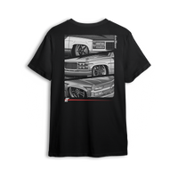 T-shirt featuring three slammed Chevy OBS front ends stacked vertically with crisp grayscale detailing, tucked wheels, and aggressive stance. Framed by a bold layout, vertical Low Trendz branding, and red accent bar, this t-shirt celebrates the dominance of old body style trucks.
