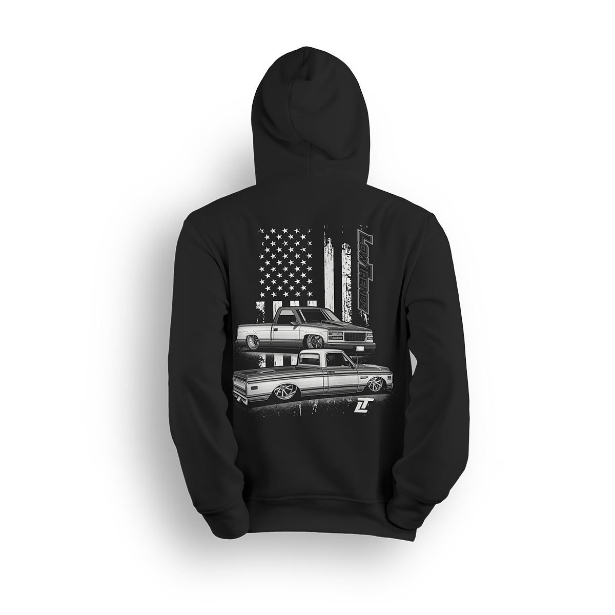 Hoodie featuring a slammed C10 and OBS combo with a gritty American flag backdrop and bold Low Trendz branding. Blending old-school style with street flex, this hoodie is built for true truck fans and show season vibes.