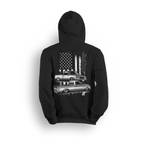 Hoodie featuring a slammed C10 and OBS combo with a gritty American flag backdrop and bold Low Trendz branding. Blending old-school style with street flex, this hoodie is built for true truck fans and show season vibes.