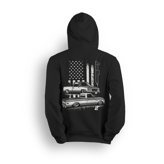 Hoodie featuring a slammed C10 and OBS combo with a gritty American flag backdrop and bold Low Trendz branding. Blending old-school style with street flex, this hoodie is built for true truck fans and show season vibes.