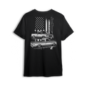 T-shirt featuring a slammed C10 and OBS combo with a gritty American flag backdrop and bold Low Trendz branding. Blending old-school style with street flex, this t-shirt is built for true truck fans and show season vibes.