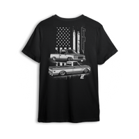 T-shirt featuring a slammed C10 and OBS combo with a gritty American flag backdrop and bold Low Trendz branding. Blending old-school style with street flex, this t-shirt is built for true truck fans and show season vibes.