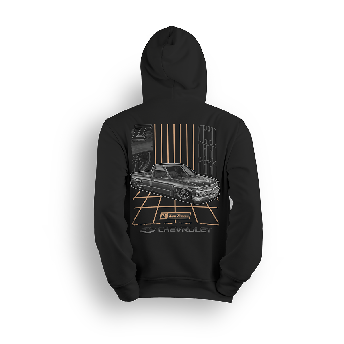 Hoodie featuring a murdered-out Chevy OBS laid out over a retro gold grid, with clean lines, bold stance, and vintage-inspired striping. This hoodie pays homage to the golden era of custom trucks with smooth, standout style.