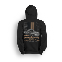 Hoodie featuring a murdered-out Chevy OBS laid out over a retro gold grid, with clean lines, bold stance, and vintage-inspired striping. This hoodie pays homage to the golden era of custom trucks with smooth, standout style.