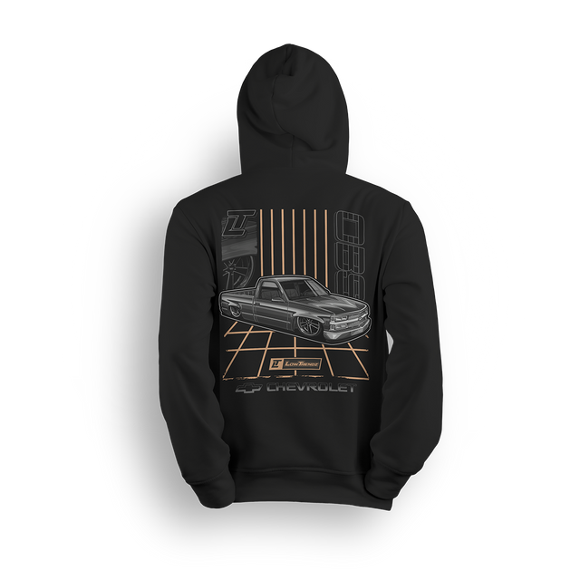 Hoodie featuring a murdered-out Chevy OBS laid out over a retro gold grid, with clean lines, bold stance, and vintage-inspired striping. This hoodie pays homage to the golden era of custom trucks with smooth, standout style.