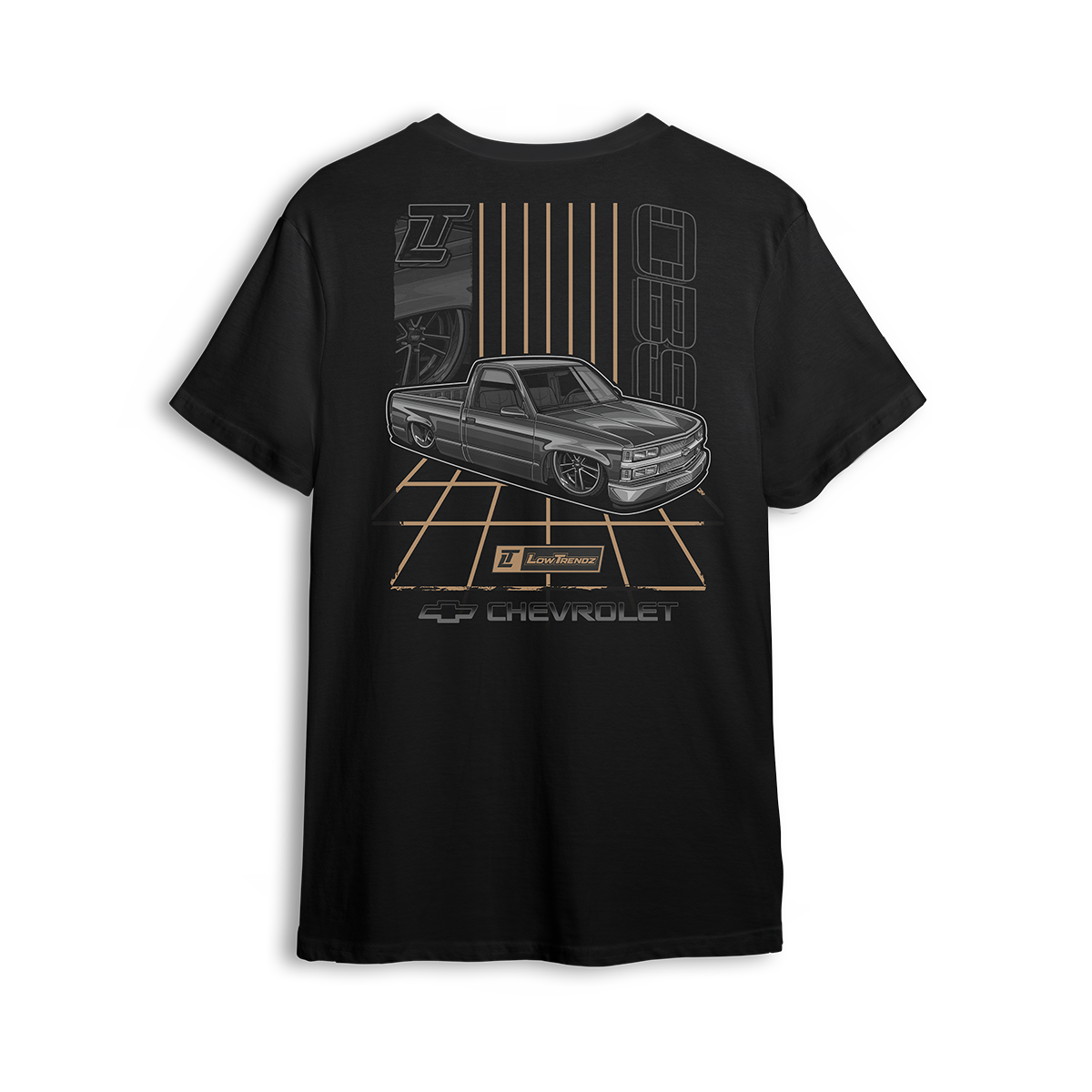 T-shirt featuring a murdered-out Chevy OBS laid out over a retro gold grid, with clean lines, bold stance, and vintage-inspired striping. This t-shirt pays homage to the golden era of custom trucks with smooth, standout style.