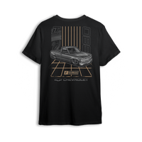 T-shirt featuring a murdered-out Chevy OBS laid out over a retro gold grid, with clean lines, bold stance, and vintage-inspired striping. This t-shirt pays homage to the golden era of custom trucks with smooth, standout style.