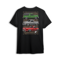 T-shirt featuring three clean Chevy OBS builds in green, white, and red over an Aztec-inspired backdrop. With a classic Tahoe and slammed single cabs, this t-shirt honors cultura, chrome, and custom truck pride.