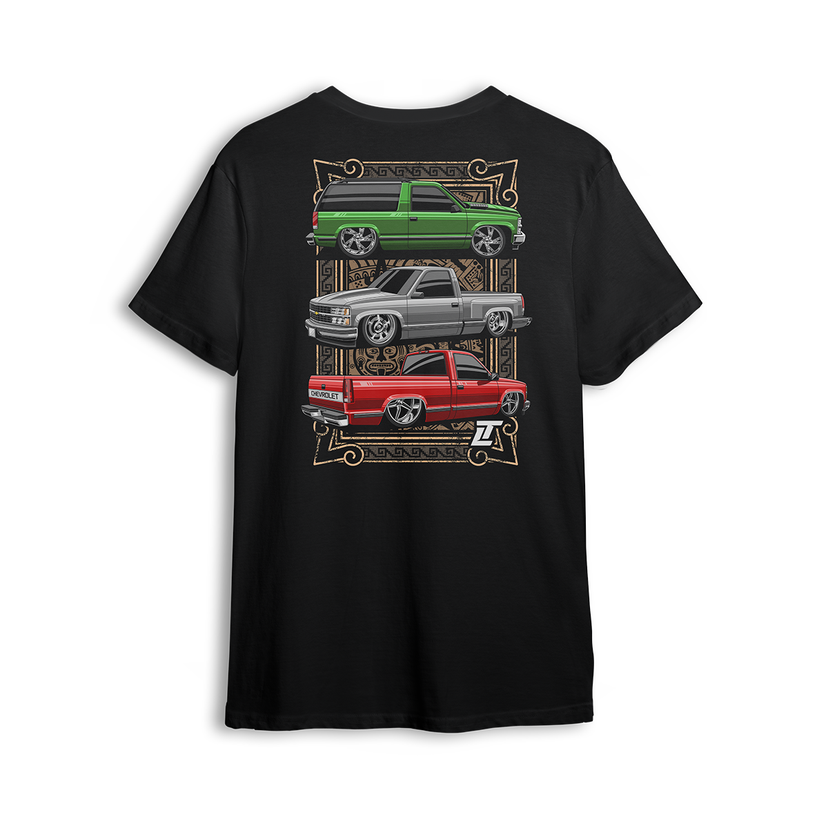 T-shirt featuring three clean Chevy OBS builds in green, white, and red over an Aztec-inspired backdrop. With a classic Tahoe and slammed single cabs, this t-shirt honors cultura, chrome, and custom truck pride.