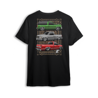 T-shirt featuring three clean Chevy OBS builds in green, white, and red over an Aztec-inspired backdrop. With a classic Tahoe and slammed single cabs, this t-shirt honors cultura, chrome, and custom truck pride.