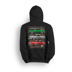 Hoodie featuring three clean Chevy OBS builds in green, white, and red over an Aztec-inspired backdrop. With a classic Tahoe and slammed single cabs, this hoodie honors cultura, chrome, and custom truck pride.