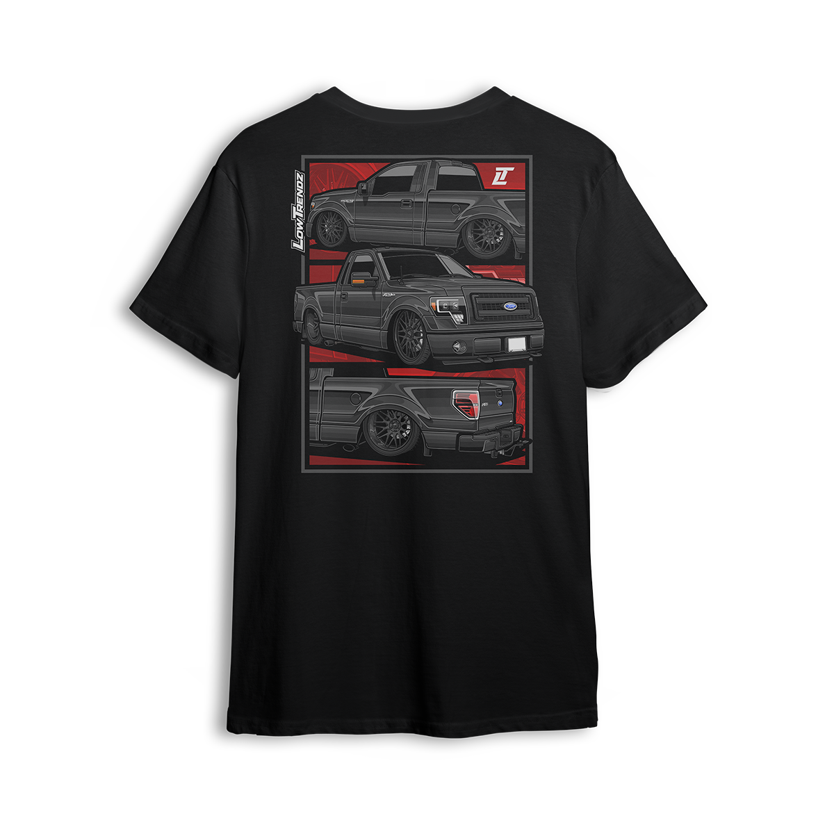 T-shirt featuring a slammed, murdered-out Ford F-150 shown from three angles against a bold red layout. With deep dish wheels and an aggressive stance, this t-shirt is built for Ford fans who keep it low and street-ready.