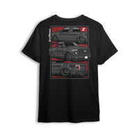 T-shirt featuring a slammed, murdered-out Ford F-150 shown from three angles against a bold red layout. With deep dish wheels and an aggressive stance, this t-shirt is built for Ford fans who keep it low and street-ready.