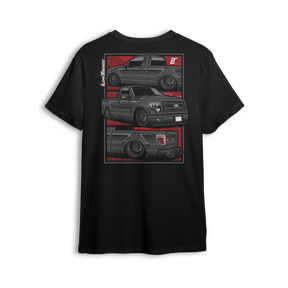 T-shirt featuring a slammed, murdered-out Ford F-150 shown from three angles against a bold red layout. With deep dish wheels and an aggressive stance, this t-shirt is built for Ford fans who keep it low and street-ready.