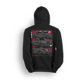 Hoodie featuring a slammed, murdered-out Ford F-150 shown from three angles against a bold red layout. With deep dish wheels and an aggressive stance, this hoodie is built for Ford fans who keep it low and street-ready.