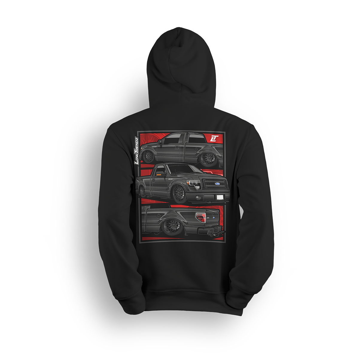 Hoodie featuring a slammed, murdered-out Ford F-150 shown from three angles against a bold red layout. With deep dish wheels and an aggressive stance, this hoodie is built for Ford fans who keep it low and street-ready.