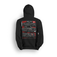 Hoodie featuring a slammed, murdered-out Ford F-150 shown from three angles against a bold red layout. With deep dish wheels and an aggressive stance, this hoodie is built for Ford fans who keep it low and street-ready.