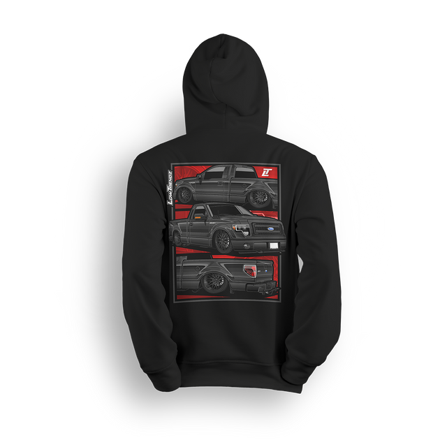 Hoodie featuring a slammed, murdered-out Ford F-150 shown from three angles against a bold red layout. With deep dish wheels and an aggressive stance, this hoodie is built for Ford fans who keep it low and street-ready.