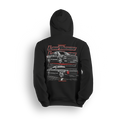 Hoodie featuring a murdered-out Chevy single cab shown front and back with a slammed stance, layered Low Trendz logos, and a sharp grid floor. This hoodie delivers clean, aggressive style for fans of true custom builds.