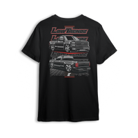 T-shirt featuring a murdered-out Chevy single cab shown front and back with a slammed stance, layered Low Trendz logos, and a sharp grid floor. This t-shirt delivers clean, aggressive style for fans of true custom builds.