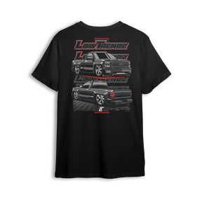 T-shirt featuring a murdered-out Chevy single cab shown front and back with a slammed stance, layered Low Trendz logos, and a sharp grid floor. This t-shirt delivers clean, aggressive style for fans of true custom builds.