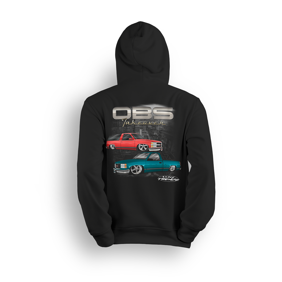 Hoodie featuring a slammed Chevy Tahoe and single-cab OBS set against a dark urban backdrop. A tribute to the trucks that sparked the Low Trendz movement, this hoodie is built for those who live and breathe the custom truck scene.