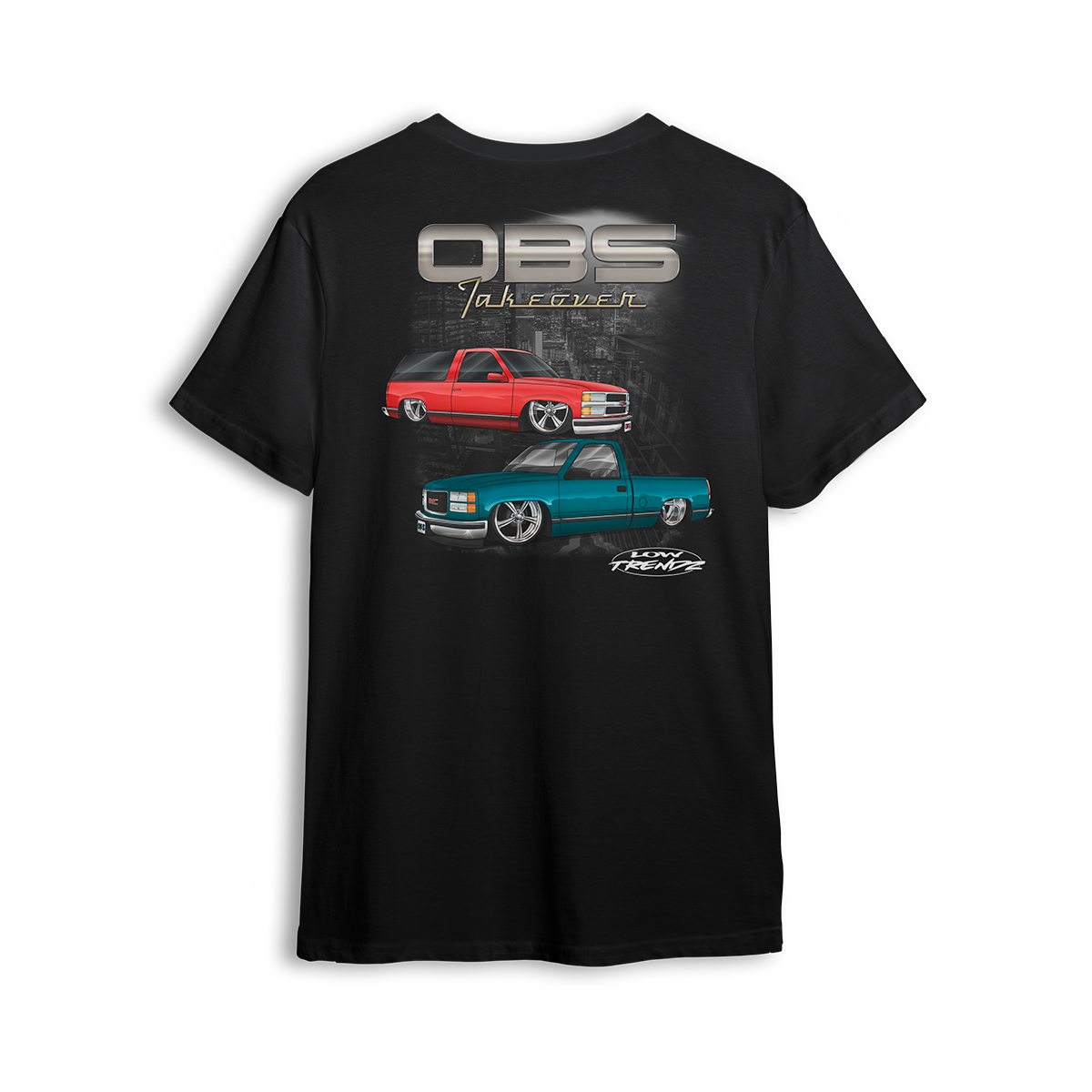 T-shirt featuring a slammed Chevy Tahoe and single-cab OBS set against a dark urban backdrop. A tribute to the trucks that sparked the Low Trendz movement, this t-shirt is built for those who live and breathe the custom truck scene.