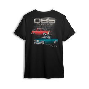 T-shirt featuring a slammed Chevy Tahoe and single-cab OBS set against a dark urban backdrop. A tribute to the trucks that sparked the Low Trendz movement, this t-shirt is built for those who live and breathe the custom truck scene.