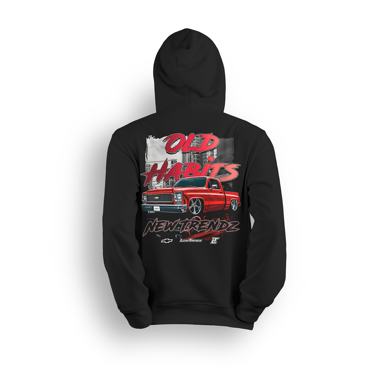 Hoodie featuring a fire red slammed Chevy Squarebody set against a gritty city backdrop with bold “Old Habits, New Trendz” lettering. This hoodie blends classic attitude with modern style, made for builders who respect the roots and push the scene forward.