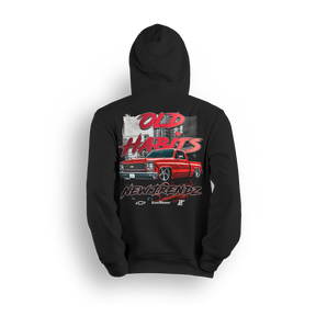 Hoodie featuring a fire red slammed Chevy Squarebody set against a gritty city backdrop with bold “Old Habits, New Trendz” lettering. This hoodie blends classic attitude with modern style, made for builders who respect the roots and push the scene forward.