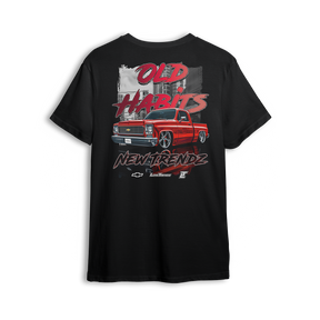 T-shirt featuring a fire red slammed Chevy Squarebody set against a gritty city backdrop with bold “Old Habits, New Trendz” lettering. This t-shirt blends classic attitude with modern style, made for builders who respect the roots and push the scene forward.