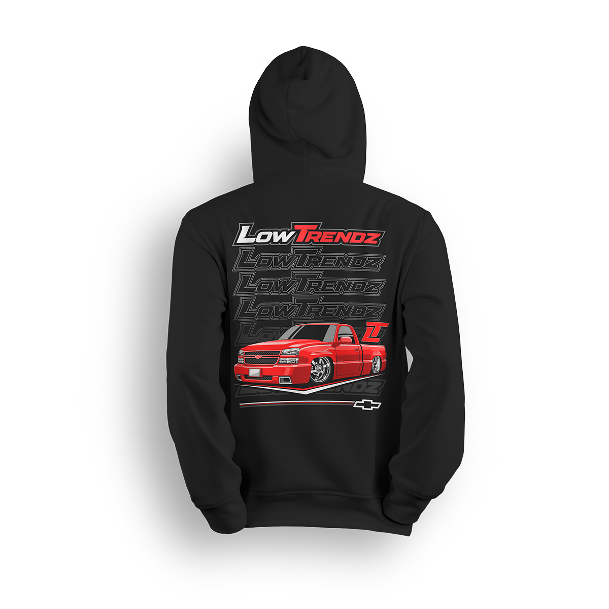 Hoodie featuring a slammed red SS clone Silverado with a clean stance and aggressive styling, set against a bold backdrop of Low Trendz logos. This hoodie is made for those who build trucks that make a statement, not just stock.