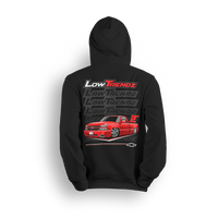 Hoodie featuring a slammed red SS clone Silverado with a clean stance and aggressive styling, set against a bold backdrop of Low Trendz logos. This hoodie is made for those who build trucks that make a statement, not just stock.