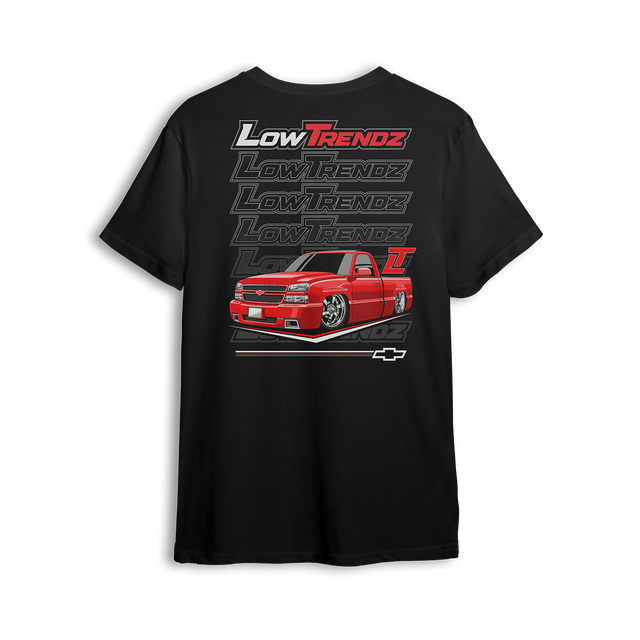 T-shirt featuring a slammed red SS clone Silverado with a clean stance and aggressive styling, set against a bold backdrop of Low Trendz logos. This t-shirt is made for those who build trucks that make a statement, not just stock.