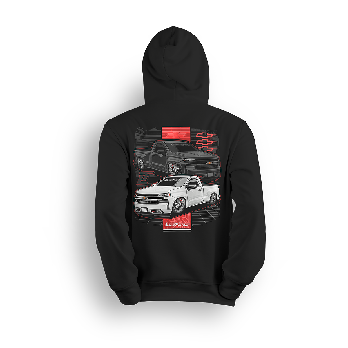 Hoodie featuring black and white slammed Silverado single cabs with red accents and modern gridwork. The New Gen hoodie blends tech-inspired edge with classic Low Trendz style for those who turn heads on and off the street.