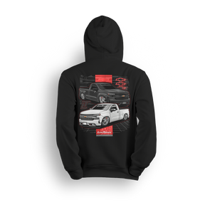 Hoodie featuring black and white slammed Silverado single cabs with red accents and modern gridwork. The New Gen hoodie blends tech-inspired edge with classic Low Trendz style for those who turn heads on and off the street.