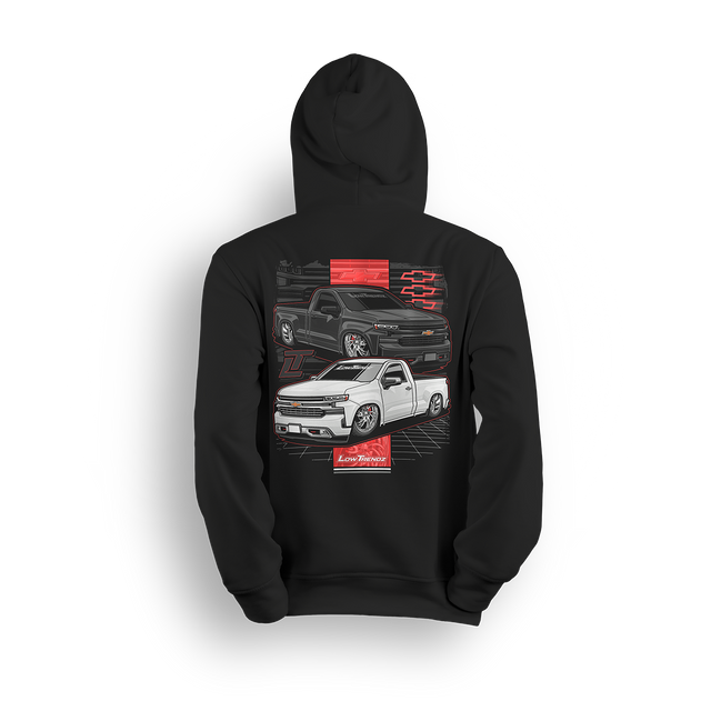 Hoodie featuring black and white slammed Silverado single cabs with red accents and modern gridwork. The New Gen hoodie blends tech-inspired edge with classic Low Trendz style for those who turn heads on and off the street.