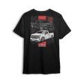 T-shirt featuring black and white slammed Silverado single cabs with red accents and modern gridwork. The New Gen t-shirt blends tech-inspired edge with classic Low Trendz style for those who turn heads on and off the street.