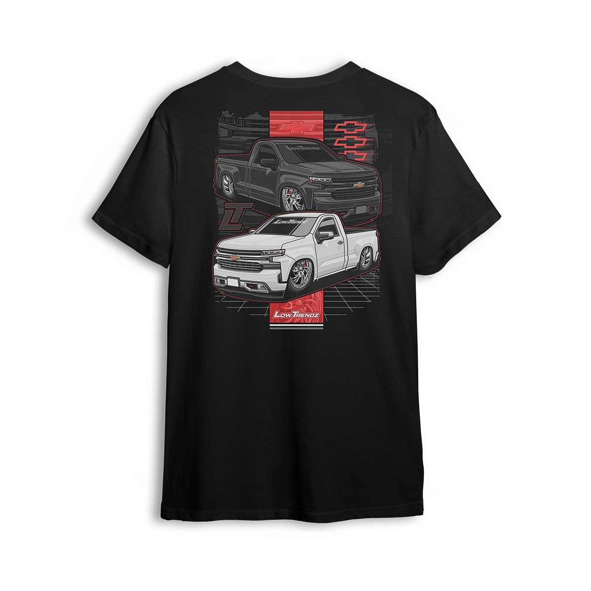 T-shirt featuring black and white slammed Silverado single cabs with red accents and modern gridwork. The New Gen t-shirt blends tech-inspired edge with classic Low Trendz style for those who turn heads on and off the street.