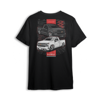 T-shirt featuring black and white slammed Silverado single cabs with red accents and modern gridwork. The New Gen t-shirt blends tech-inspired edge with classic Low Trendz style for those who turn heads on and off the street.