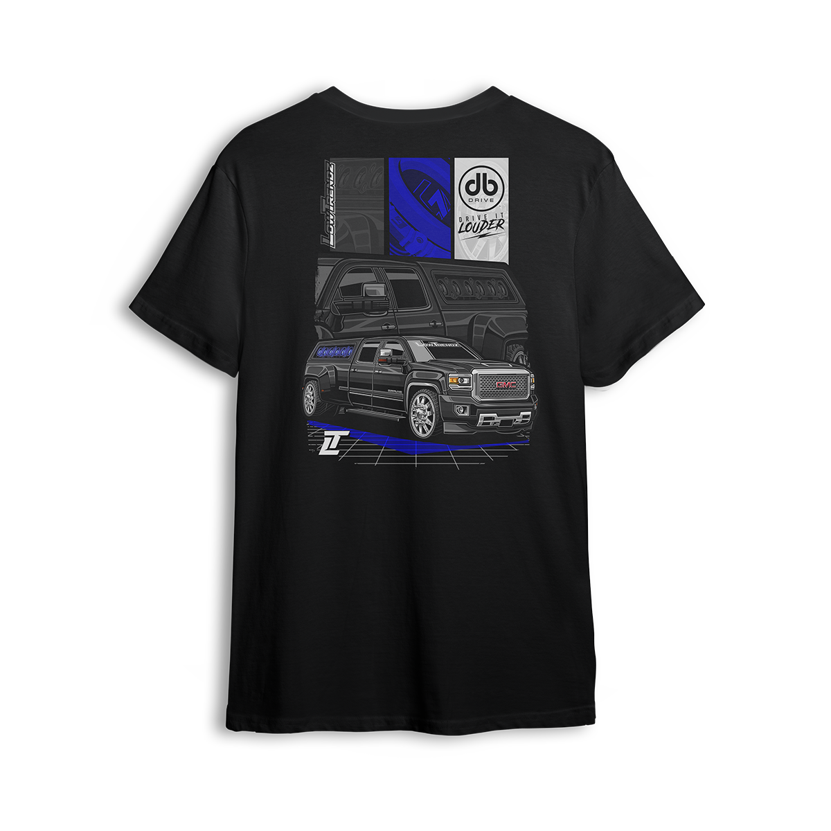T-shirt featuring a murdered-out GMC Denali stacked with speakers, bold blue accents, and tech-style overlays. The DB Drive x Low Trendz t-shirt delivers loud, custom style built for bass heads and street-driven truck fans.