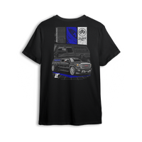 T-shirt featuring a murdered-out GMC Denali stacked with speakers, bold blue accents, and tech-style overlays. The DB Drive x Low Trendz t-shirt delivers loud, custom style built for bass heads and street-driven truck fans.
