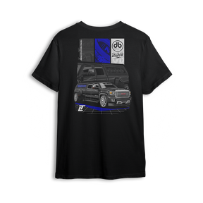 T-shirt featuring a murdered-out GMC Denali stacked with speakers, bold blue accents, and tech-style overlays. The DB Drive x Low Trendz t-shirt delivers loud, custom style built for bass heads and street-driven truck fans.