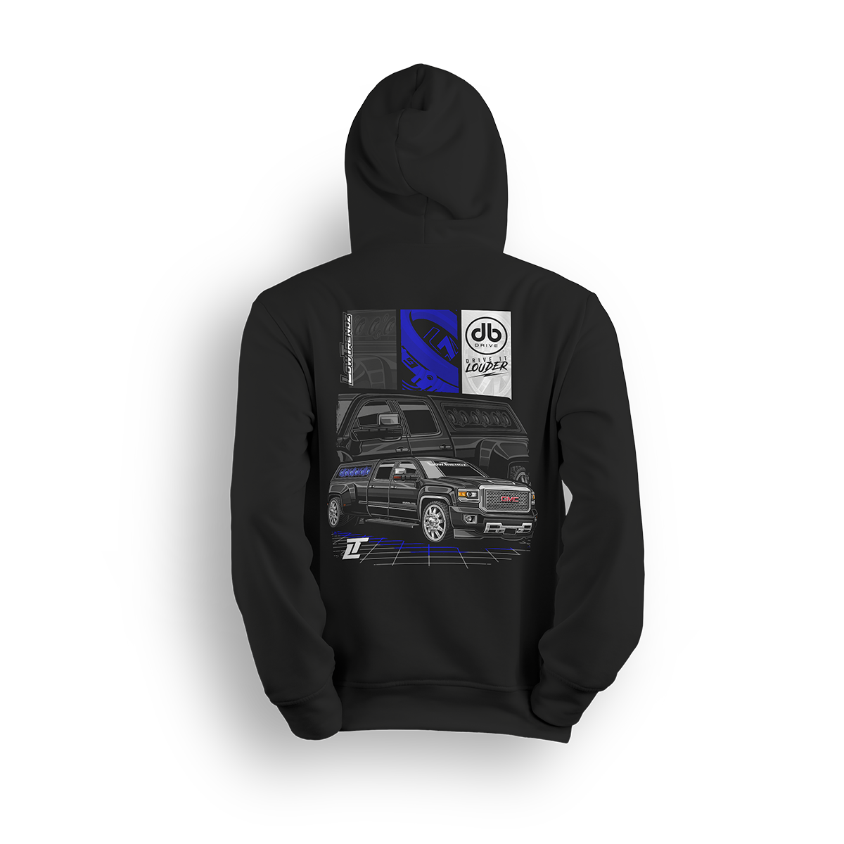 Hoodie featuring a murdered-out GMC Denali stacked with speakers, bold blue accents, and tech-style overlays. The DB Drive x Low Trendz hoodie delivers loud, custom style built for bass heads and street-driven truck fans.