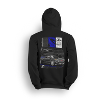 Hoodie featuring a murdered-out GMC Denali stacked with speakers, bold blue accents, and tech-style overlays. The DB Drive x Low Trendz hoodie delivers loud, custom style built for bass heads and street-driven truck fans.